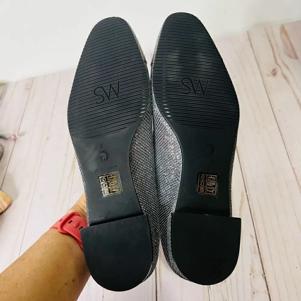 Stuart Weitzman Sleek Flat Gunmetal Silver Pewter Sparkle Glitter Flats NEW! Sz